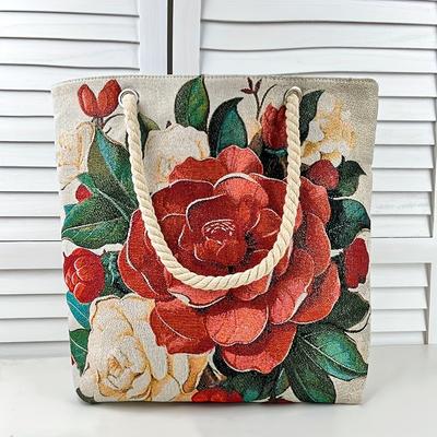 TEMU Floral Embroidered Shoulder Bag - Large Capacity With Zipper Closure, Fixed Rope Straps & Lined Interior For Casual Everyday Use (white/red), Vibrant Accessory Image