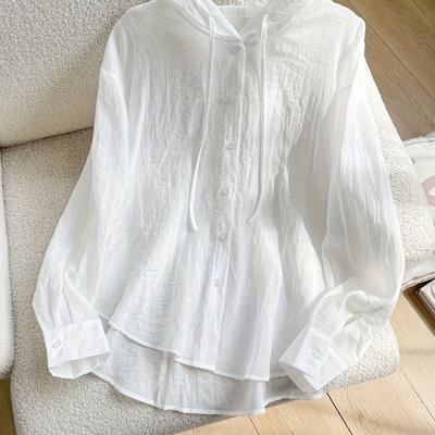 TEMU Women's Lightweight Summer Hooded Blouse - Long Sleeve, Loose Fit, Button-up With Front Pockets, Breathable White Shirt For Casual Or Layering, Ladies Blouses Image