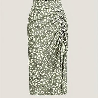 TEMU Elegant Floral Print Drawstring Ruched Midi Skirt For Women - High Waist, Green With White Flowers & Leaf Accents, Spring/summer Image