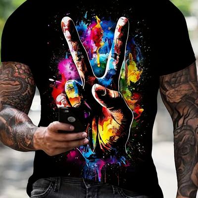 TEMU Men's Graphic Paint T-shirt - 100% Polyester Casual Crew Neck Tee With Vibrant Victory Gesture Print, Short Sleeve Knit Fabric Top With Stretch Image