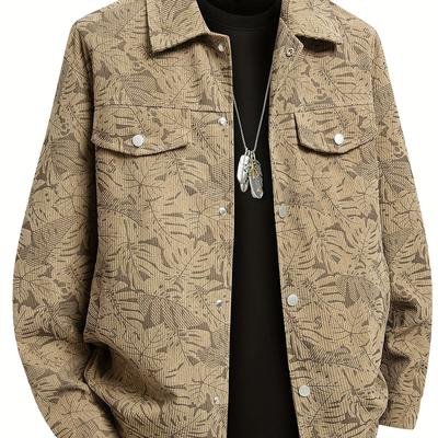 TEMU Men's Lightweight Casual Jacket With Stylish Tropical Leaf Print, Snap Button Closure & Chest Pockets - Outdoor Activities & Casual , Leisure Clothing | Tropical Print Jacket | Glossy Finish Image