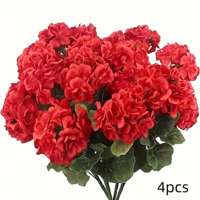 TEMU 4pcs Uv-resistant Artificial Geraniums - Vibrant Red, Ideal For Indoor & Outdoor Decor, Gardens, Patios, And Home , No Container Included, Flower Decoration Image