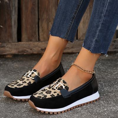 TEMU Ren Women's Slip-on Loafers - Soft , Fabric Upper & Pu Outsole, Beige Round-toe Casual Shoes For Wear, Versatile For Jeans & Dresses, Slingback Loafers, Leopard Print Accent, Durable Image