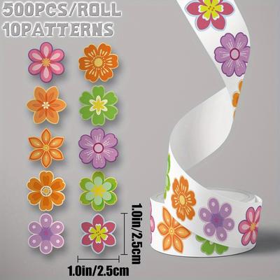 TEMU 1roll/500pcs Flower Themed Sticker Roll 10 Patterns Delicate Decoration For Holiday Gift Party Decors Students Class Reward Birthday Gift Luggage Skateboard Hand Account Water Bottle Cups Image