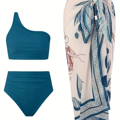 TEMU Solid Color 3pcs Swimsuit For Women, Highlighting Women's Sexy Figure, One-shoulder Design, High-stretch Bikini, Detachable Breast Pad, With Beach Smock Image