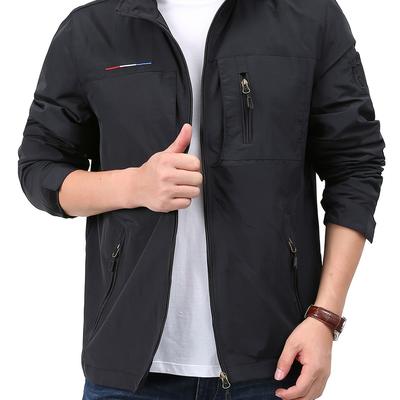 TEMU Men's Casual Hooded Windbreaker Jacket With Multiple Pockets - Lightweight Outdoor Workwear, Black, Zip-up Closure, Long Sleeve, Wear Image