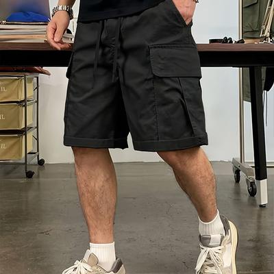 TEMU Men' Black Cargo Shorts With Elastic Drawstring Waist, Multi- - Lightweight Polyester, Machine Washable - Casual, Outdoor & Sports Activities, Sports Shorts | | Multipocket Shorts Image