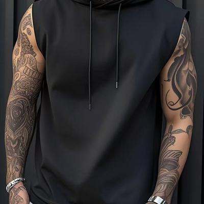 TEMU Men's Slim Fit Sleeveless Hooded Vest - Lightweight Breathable Fabric For Gym, Outdoor & Casual Wear - Solid Black, Gym Clothes, Drawstring Hood Design Image