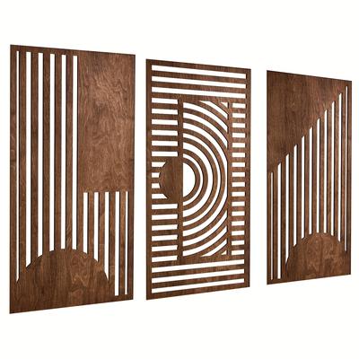 TEMU 3pcs Vintage-inspired Abstract Geometric Wooden Wall Art - Portrait Orientation, Inspirational Theme For Living Room Decor, Indoor Use, Brown And White Hues, Living Image