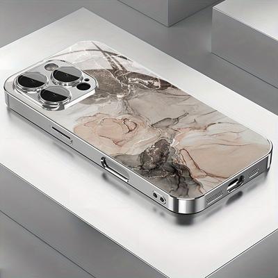 TEMU Marble Texture Stitched Pattern Electroplated Glass Phone Case For Iphone 16 Pro Max/15 Pro/14 Plus/13/12/11/x/xr/xs Max, With Lens Protection, Stylish Design And Image