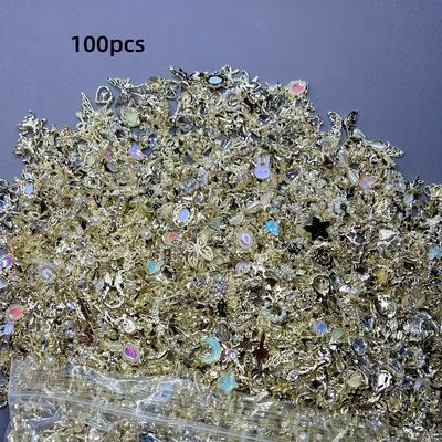 TEMU 100pcs Art Charms Set - 3d Alloy Hearts, Flowers, Bows, Stars, & Moon Designs With Pearls & Rhinestones - Diy & Nail Decorations For Women And Girls, Nail Art Decorations Image