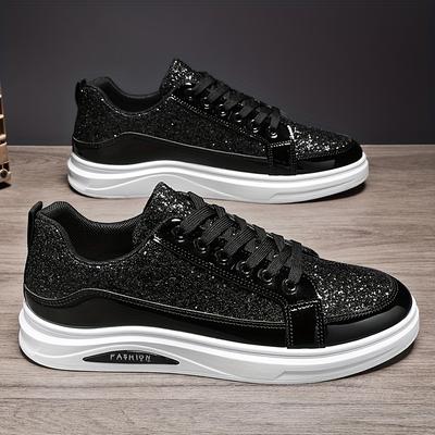TEMU 2025 's Glossy Golden Low-top Sneakers - Glitter Accent Casual Skate Shoes For Weddings, Parties & | Breathable Fabric Lining, Durable Pvc Sole, Trendy Lace-, Party Footwear | Textured Grip Sole Image