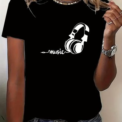 TEMU Women's Casual Sports T-shirt Featuring A Stylish Music Headphone Print, Round Neck, Short Sleeves, Loose Fit, And Machine Washable. Image
