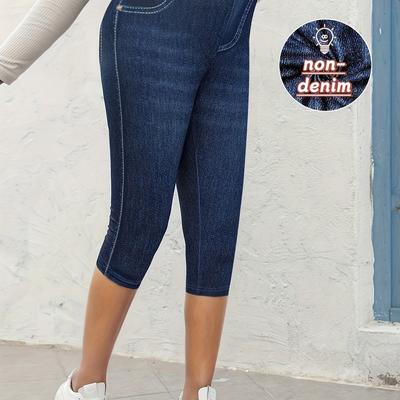 TEMU Women's High-waisted Imitation Denim Capri Leggings - Stretchy Slim-fit Pants With Print, Machine Washable For Casual & Formal Wear, High Waisted Leggings, Comfortable Fit Image
