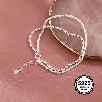 TEMU 925 Silver Bracelet Starry Rice Grain Double Layer Bracelet Sparkling Light Luxury Sense Fashion Women's Jewelry, For Her, Christmas Gift Birthday Gift Image