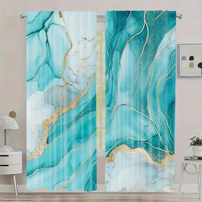 TEMU 2pcs Bedroom Curtains Golden Curve Aqua Bathroom Decor – Elegant Turquoise And Gold Ombre .65x59/41.34x82.68/44.5x90.55 Inch Image