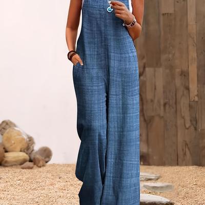 TEMU Women's Navy Blue Wide-leg Jumpsuit With White Strap Details - Casual, Versatile, Spring/summer Fashion, , Pockets, Casual Attire | Wide Leg Jumpsuit | Strapless Top, Jumpsuit Image