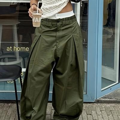 TEMU Women's Olive Green Pleated Cargo Pants With Elastic Waistband & Utility Pockets - Casual Loose--season Harem Pants For Casual Attire Image
