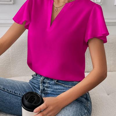 TEMU Elegant Directional, Casual Work Women's Summer Solid Color V-neck Short Sleeve Shirt, Short Sleeve Top Image
