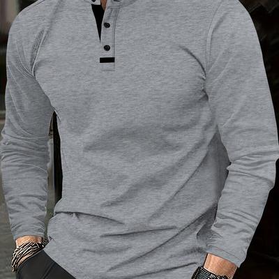 TEMU Men's Elegant Solid Color & Contrast Stitching Shirt - Casual Round Neck, Long Sleeve, Button Detail, Spring/summer/fall, Ideal For Home And Travel, Travel | | Versatile Wear Image