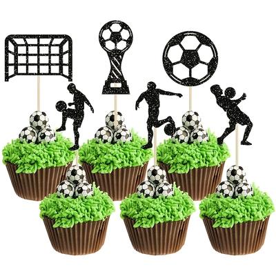 TEMU 24pcs Soccer Cupcake Toppers Glitter Soccer Ball Cupcake Picks Sport Cake Decorations Football Theme Birthday Party Men Birthday Party Favors Supplies Blac Image