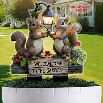 TEMU 2d Flat, 1pc Squirrel Welcome Sign - 2d Acrylic Garden Stake With Lamp & Flowers, Rustic Outdoor Decor For Home, Yard, Or Garden, Gift For Lawn Ornament Image