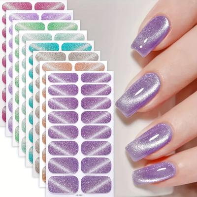 TEMU 8 Sheets Self-adhesive Gel Nail Strips With Purple Glitter, Shimmery Finish, , No Uv Lamp Required, Easy Application For Women's Party Diy Nail Art Supplies, Nail Accessories Image