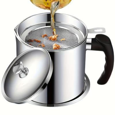 TEMU Stainless Steel Kitchen Grease Container With Optional Strainer - Easy-pour Handle For Olive Oil & Grease Storage, Essential Cooking Accessory For , Grease Can For Kitchen Image