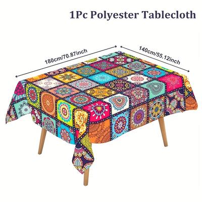 TEMU 1pc Vibrant Bohemian Polyester Tablecloth - Mandala & , Weddings, Bridal Showers, Birthdays, And Showers, Machine-made, In 3 Sizes, Boho Deco Image
