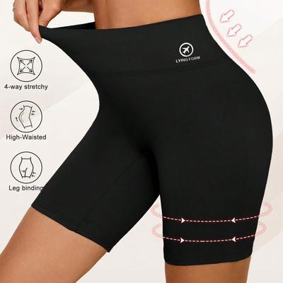 TEMU Women's High-waisted Yoga Capri Leggings - Stretchy, Slimming, Mid-thigh Length, Black, Fitness, Home Workouts & Stretching, Workout Leggings | Solid Color Leggings | Medium Stretch Fabric Image