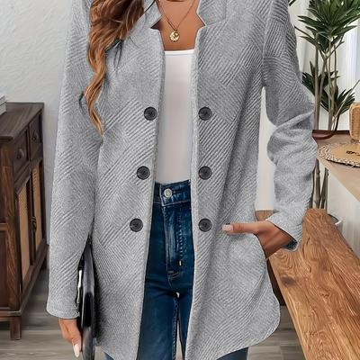 TEMU Women's Elegant Geometric Texture Pocket Long Sleeve Blazer, Polyester Knit Coat, Solid Color, Regular Fit, Unlined, Spring/autumn Season, Double-breasted, No Belt, H-shape Image