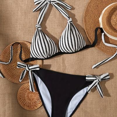 TEMU Women's Fashion Striped Wave Hard Cup Breast Shaping Bow Sexy Bikini Swimsuit Image