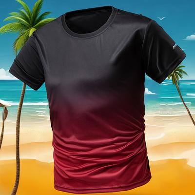 TEMU Men's Quick-dry Gradient Athletic T-shirt - Lightweight, Breathable Polyester, Short Sleeve, Round Neck - Summer Workouts, Training & Sports - Black To Red Ombre Design Image