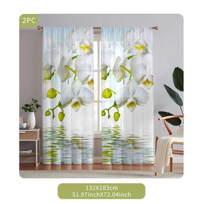 TEMU 2pcs Modern Polyester Lily Reflection Print Sheer Curtains, -resistant Light-filtering Rod Pocket Drapes For Bedroom And Living Room, Easy- Decor, Floral Theme, Curtains For Living Roo Image