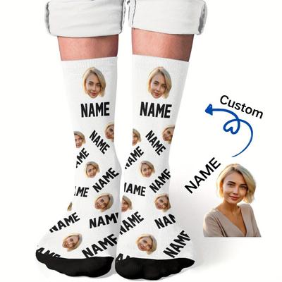 TEMU Custom Socks With Diy Photo Portrait, Perfect Gift For Boyfriend Or Girlfriend, 100% Polyester Knit Fabric, Unique Personalized Holiday Present Image