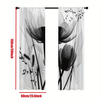 TEMU Chic Living Room Decor Curtain, And White Floral Print Curtain - Easy To , Suitable For Living Room And Bedroom, Charm, And Easy To Hang Image