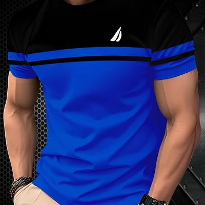 TEMU Men's Vintage Blue Striped 3d Print T-shirt - Casual Short Sleeve Summer Top With Logo, Polyester, Lightweight & Breathable For All , Casual Summer Wear|sleek Black Shirt| Pattern Detail Image