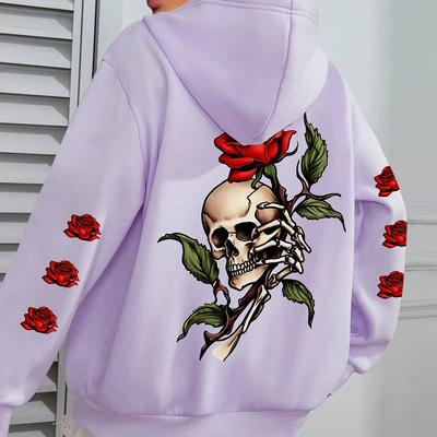 TEMU Women's Plus Size Skull & Rose Print Hoodie - Brown Casual Long Sleeve Hooded Sweatshirt With Front Pocket, 100% Polyester, Machine Washable, Fall Winter Image