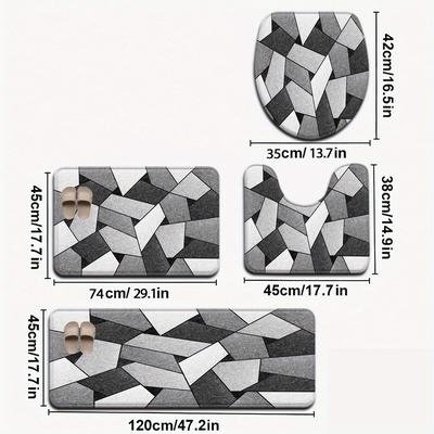 TEMU 3pcs/4pcs Nordic Style Gray Geometric Pattern Bathroom Mat Set Toilet Seat Cover U-shaped Mat Image