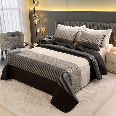 TEMU 3pcs Brushed Bedspread Set (1 Bedspread + 2 Pillowcases, Without Core) - Soft And Warm Black Grey And White Striped Quilted Coverlet Bedroom And Decor Image