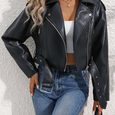 TEMU Ly Lin Women's Chic Black Synthetic Leather Jacket - Casual Loose Fit With Belt Detail, Long Sleeve, Button-up Front, Streetwear Style For Spring/fall Image