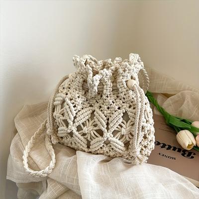 TEMU Vintage Woven Crossbody Bag - Beige Bohemian Shoulder Bag With Rope Closure, Durable Fabric & Polyester Lining For Beach, Vacation, Casual Outings Image