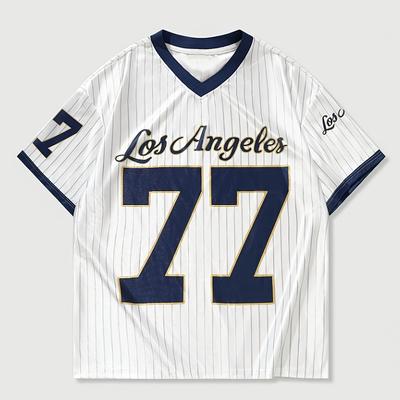 TEMU Men's -neck Short Sleeve T-shirt - Los Angeles 77 Striped Athletic Jersey, Casual Loose Fit, 3d , Summer Streetwear, White & Navy Blue, Summer Tshirt | Urban Fashion | Polyester Fabric Image