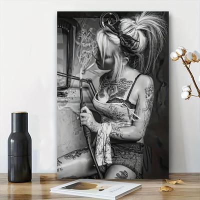 TEMU 1pc Framed Canvas Art Print - Black And White Decorative Painting With Colorful Tattooed Woman, Ideal For Home And Room Decor, Elegant Poster Style, Canvas Wall Art Image