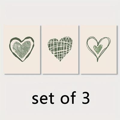 TEMU 3pcs/set Sage Green Heart Canvas Poster, Vintage Art, Minimalist Art, Poster, Bedroom, Office, Living Room, Coffee Shop, Bar, Home And Dorm Room Wall Decor, Unframed Image