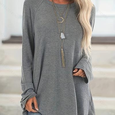 TEMU Women's Casual Long Sleeve Sleepshirt, 100% Polyester Knit Fabric, Solid Color Crew Neck Top, , 180gsm - Grey Image