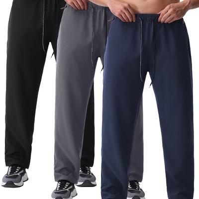 TEMU Pack Of 3 Xl-xxl Men's Plus Size Long Pants, Summer Thin Quick-dry Fabric With Dual Pockets And Color Block Drawstring Waistband, Casual Travel Outdoor Walking No-mark Trousers, Plus Size Image