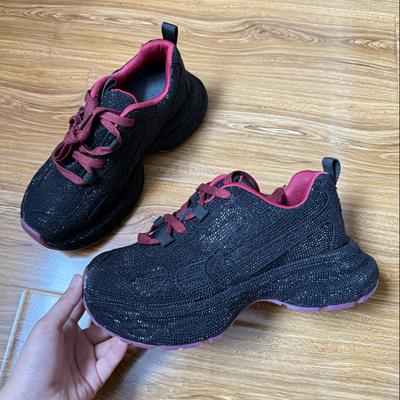 TEMU Women's Fashion Sneakers With Rhinestone Accents, Rubber Lace-up Casual Shoes, Low , , Fabric Upper & Inner, Synthetic Insole, Sports Style Image