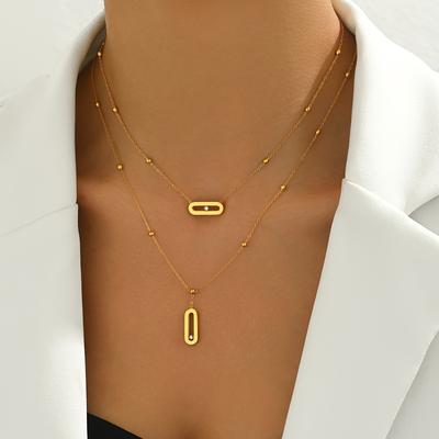 TEMU 1pc Elegant French Style 18k Golden Plated Stainless Steel Double Layer Necklace With Rhinestone Accents, Versatile Geometric Pendant For Women, Ideal For And Gifting Image