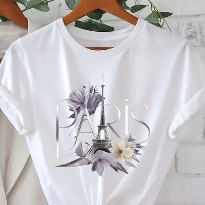 TEMU Women's Paris Print Round Neck T-shirt, Casual Top For Spring And Summer, Made From Soft Knitted Fabric, Suitable For Outdoor Activities And Everyday Wear, Women's Clothing. Image